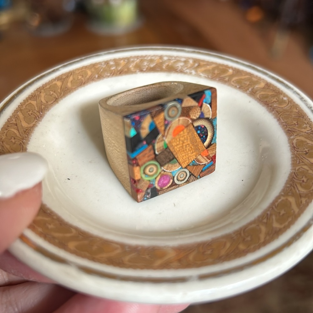 Vintage Wood & Resin Abstract Design Ring